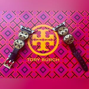 Tory Burch Black Leather Watch Band with Gold Accents